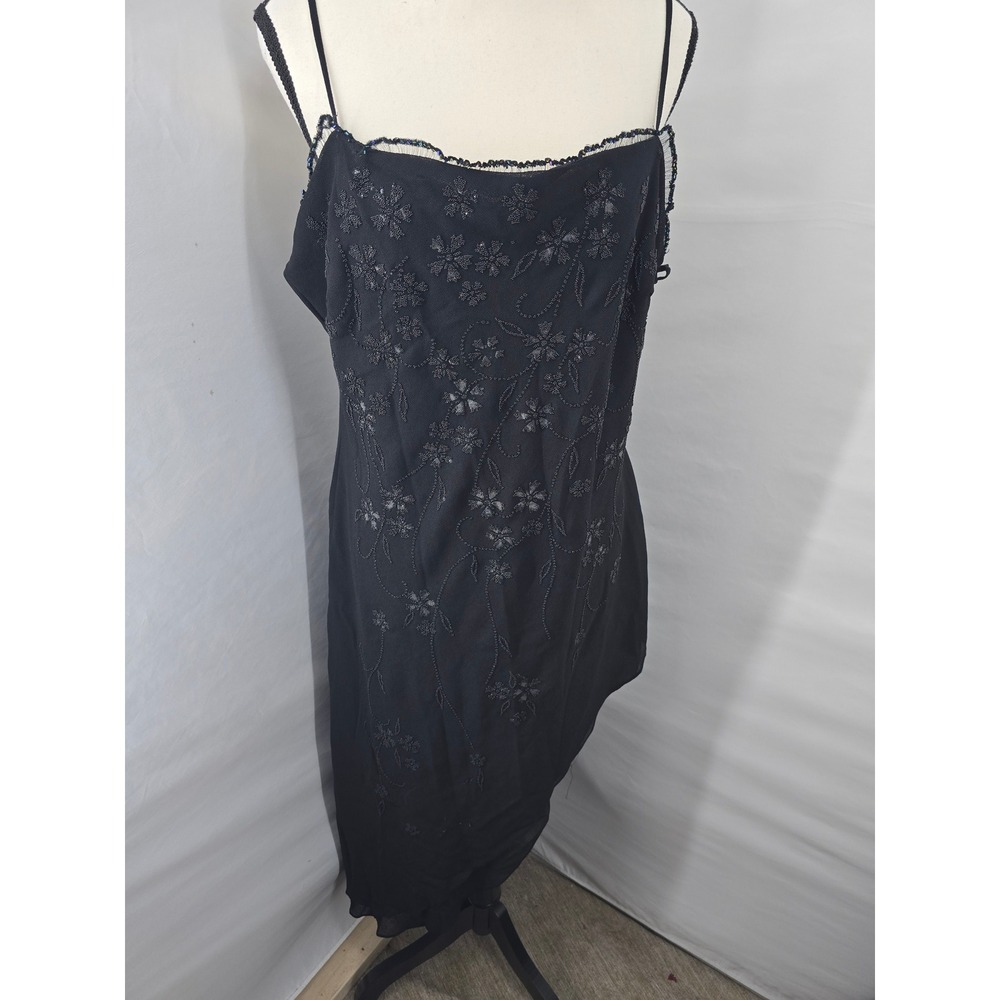 Dollar Vintage Black Beaded Floral Midi Dress 3XL Spaghetti Strap Made in USA